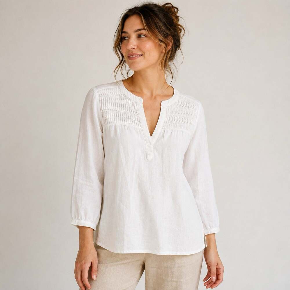 JOIE Linen Smocked Popover Top Large White V-Neck Puff 3/4 Sleeves Peasant Boho